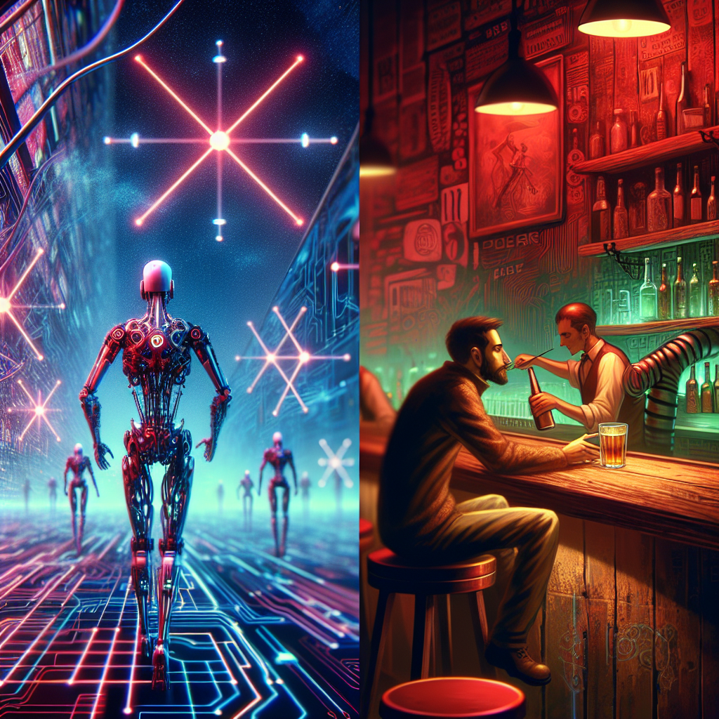 1. Glowing stars tip twitching antennae, a digital ether ripples. An avatar extends code to a minidisc. Dim red lights cast shadows over a wooden bar, a robotic-armed bartender, and a slumped, drooling drunk.