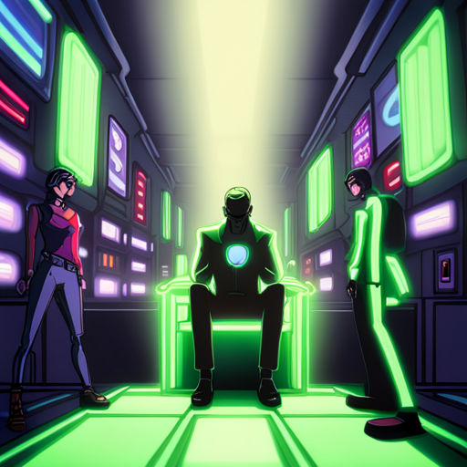 Zeb's eyes are drawn to the vibrant matrix green glow that fills the room, reflecting off the action figures and computer devices. The room has a futuristic ambiance, with neon lights illuminating the space.