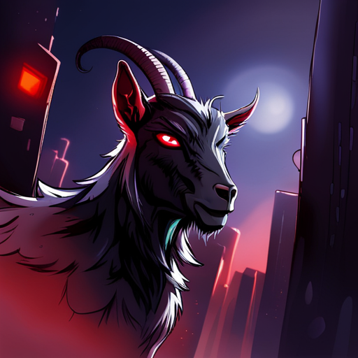 A black goat with a mischievous grin and strange glint in its eye stands in a wet, grimey alley. Its black fur glistens in the flickering light as it bleats loudly, offering to teach Zeb dark magic and hacking skills.