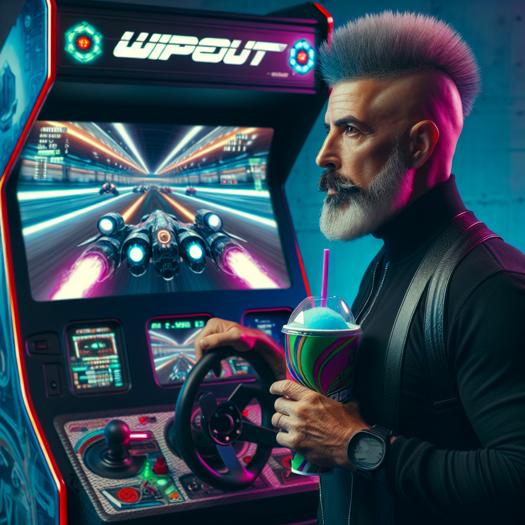 1. A middle-aged man with a short beard and fuzzy mohawk, clad in black attire, stands by a Wipeout arcade machine, neon lights glinting off its surface. Hovercrafts race on the screen, techno beats fill the air, and a frosty slurpee rests in the man's grip.