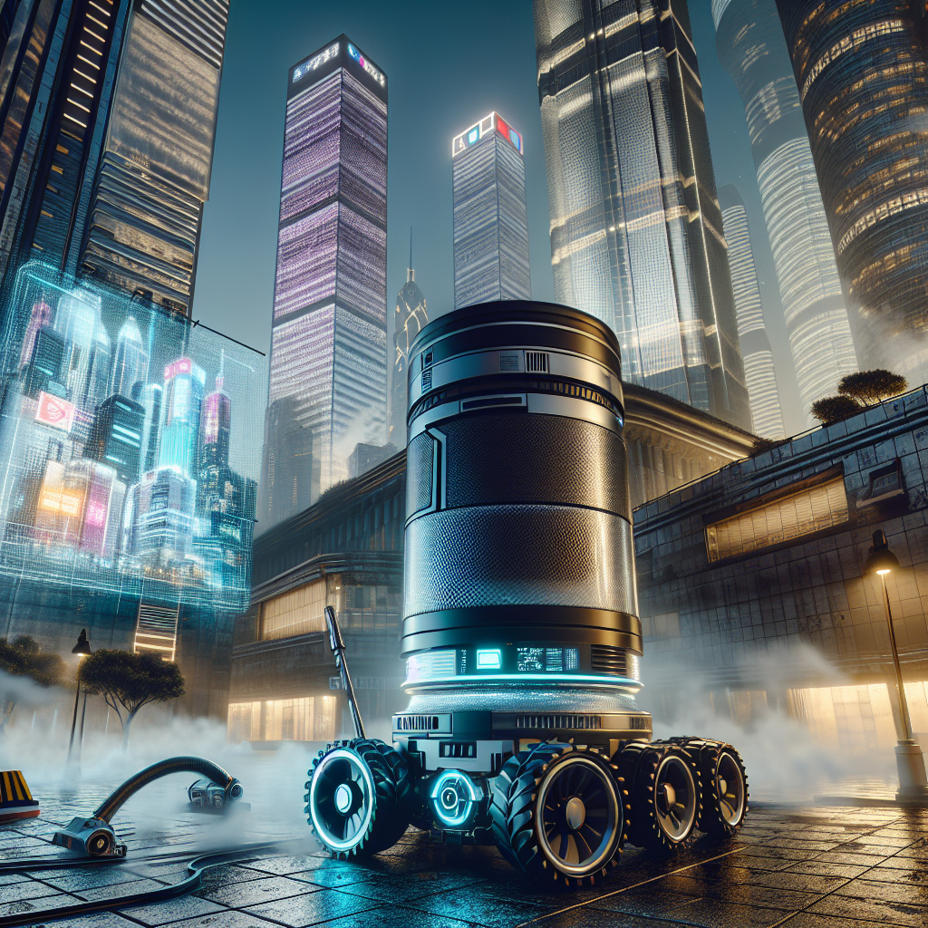 1. A cylindrical security bot with four rubber wheels patrols near a holo billboard. Skyscrapers tower above, corporate logos glaring down. A robot vacuum clumsily navigates the square. Steam rises from a manhole.