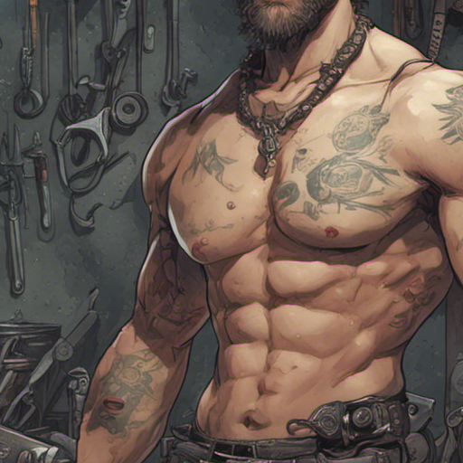 Thraeryn stood in front of the mechanic, a shirtless man with leather pants and tall boots. The mechanic had six piercings in his face, giving him a rugged appearance. Behind him, a cluttered workbench displayed an array of tools and supplies, ready to be used. The mechanic gestured towards the tools, offering his assistance. The outpost, made of rotting shipping containers, provided a backdrop to the scene. The sun cast long shadows across the barren desert wasteland, as Thraeryn contemplated the mechanic's offer.