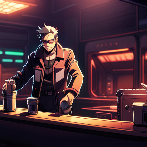 Potato offers Ratz a coffee in a can, standing at the bar in The Chatsubo. Ratz accepts the drink, thanking him before returning to his glass wiping.
