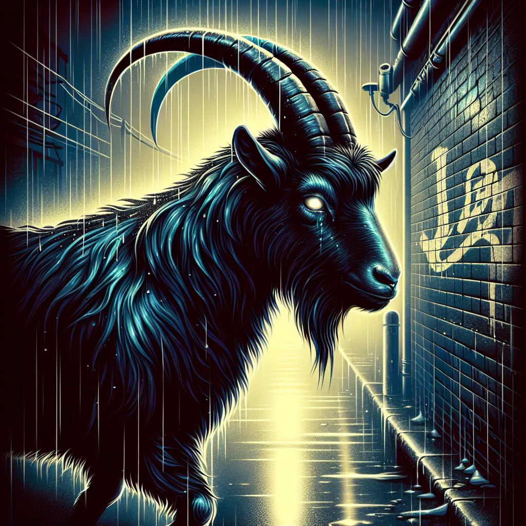 1. A black goat with lustrous, damp fur and elegantly curved horns stands in a grimy, rain-slicked alley under a flickering light. Its eyes gleam mysteriously, reflecting a hidden depth as it paces restlessly. The word "Hell" is spray-painted on a wall, enhancing the occult ambiance.