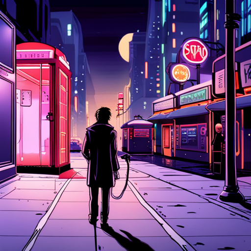 Veeyawn sees Lazarus asking the mustached Falafel guy for directions to the ramen shop. The dimly lit street is alive with neon lights from nightclubs and people wandering in and out. They spot a classic rotary dial payphone in a phone booth with a folding glass door next to the falafel cart.