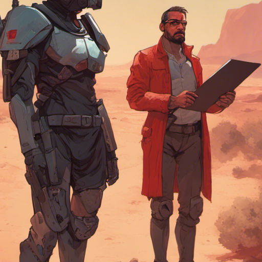 The Corpo Manager, a nervous man with a clipboard, nods reluctantly. The Corpo Guard, armed with a stun baton and riot shield, stands nearby. Thraeryn, a bright red figure, looks on. The desert road stretches into the distance, eroded and worn. It is midday, the sun beating down on the wasteland.