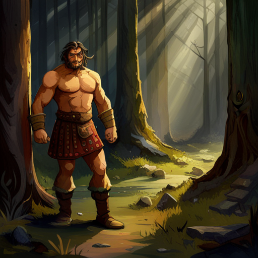 The hulking barbarian, wearing only a fur loin cloth and tall boots, stares intently at phooky. "To crush your enemies, see them driven before you, and to hear the lamentations of their women. By Crom!" he declares. The sun-filled clearing in the enchanted forest is filled with travellers gathered around the remains of a campfire. Dust motes drift through the air.
