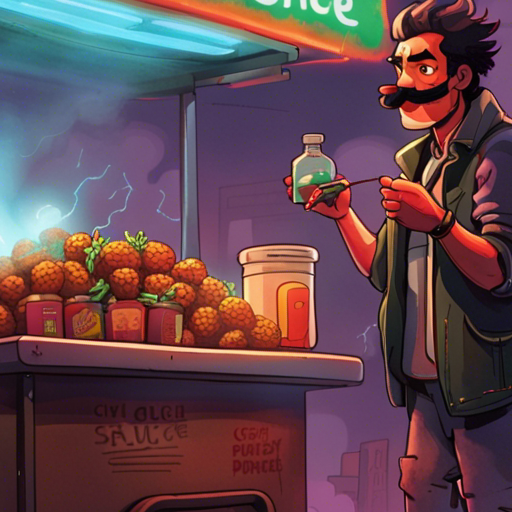 A man with a mustache stands next to a small food cart, frying falafel balls with lightning-fast hands. He holds up a bottle of hot sauce with a mischievous grin. The city lights reflect off low clouds overhead as people wander by, looking for a good time. A payphone stands nearby.