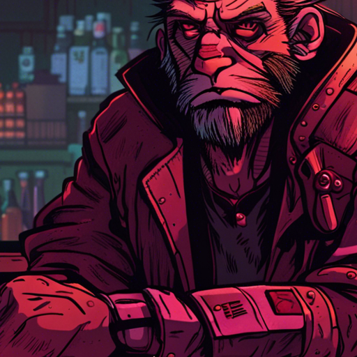 Zeb's eyes focus on a small, hidden button beneath the bar counter. He presses it, anticipating a thrilling consequence, but nothing happens. Disappointed, he returns to the bar, trying not to draw attention to his failed attempt. The dim red lights of The Chatsubo illuminate the quiet, mostly empty space. Ratz, a gruff figure with a robotic arm, stands behind the long wooden bar. A drunk man sleeps in a pool of drool nearby. Zeb, with his bearded face and short mohawk, stands coolly in his black shirt and loose pants, a USB drive hanging from his neck. The scene is devoid of any cataclysmic event, leaving Zeb slightly relieved.