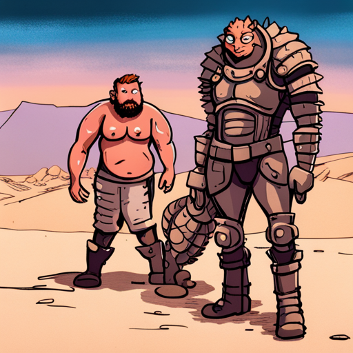 Potato sees a shirtless man with piercings and a Pangolin mutant covered in armor-like scales. They stand near metal sheets and water in a wasteland outpost. No food in sight.
