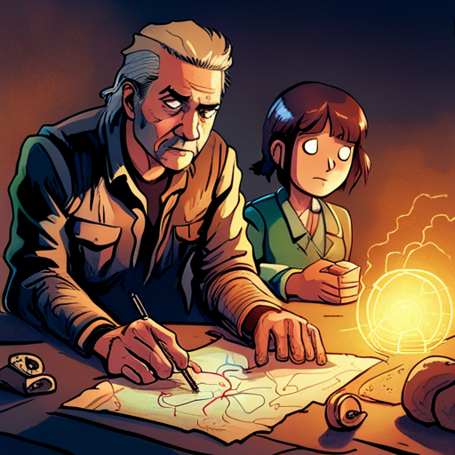 Vince struggles with a locked crate while Thraeryn studies an old map of a nearby cave system. The map shows a complex network of tunnels and chambers, marked with symbols and notes of potential dangers and treasures. Thraeryn's red features are focused on the map, while nearby a cave axolotyl's frilly gills emit a faint green glow.