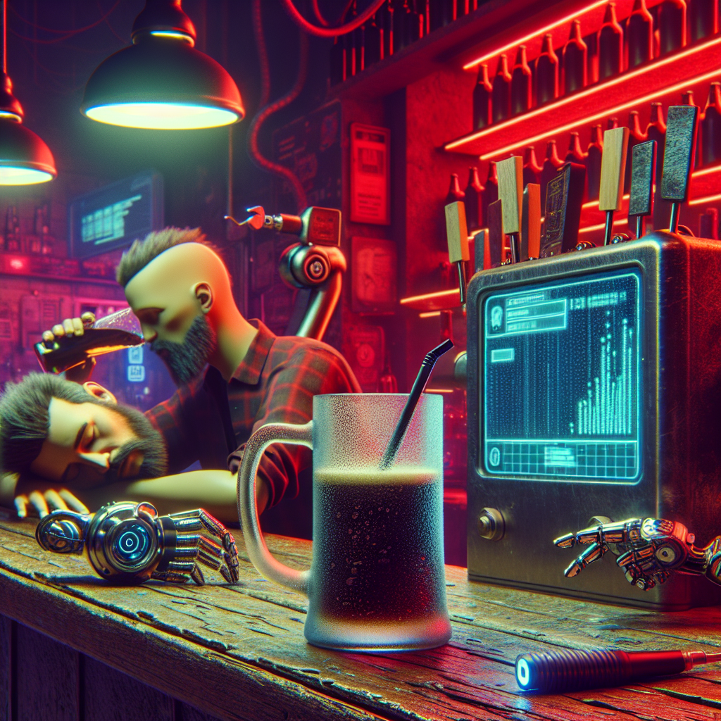 1. A frosty mug of dark beer rests on a worn wooden bar, dim red lights casting a moody glow. A robotic arm polishes a glass, while a shaven-headed bartender observes a sleeping drunk, his face nestled in a puddle of drool. An Ono Sendai Cyberspace 7 sits idle nearby.