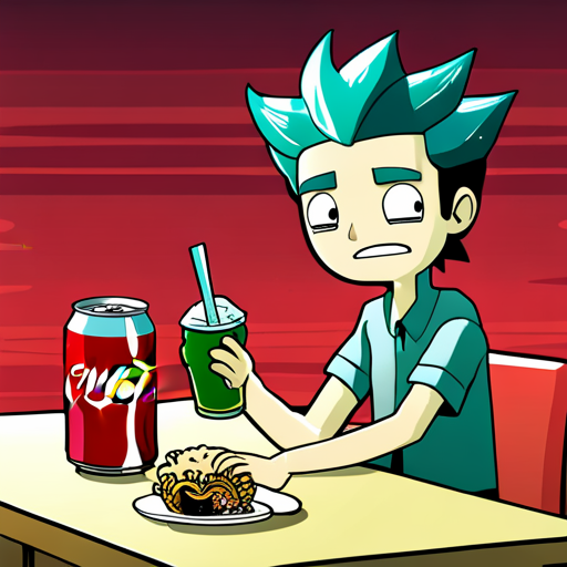 Slappy sees a cold can of Coca-Cola on the table of Ramen Heaven, surrounded by the delicious smells of the tiny restaurant. Zeb sits at the bar, his spikey mohawk and bearded face visible. 
