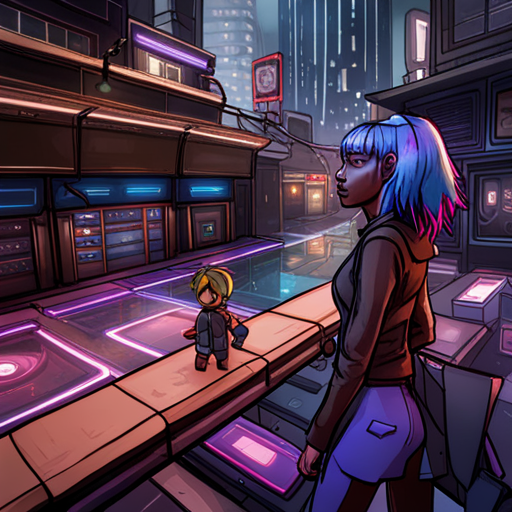 A drone hovers above controlfreak's head, capturing a detailed view of the area. The upper deck of the bridge is lined with shops, carts, and makeshift shelters. Tethered shelters fill the cables and support struts. No threats or unusual activities are seen, but an image of Starla, a cyberpunk woman with purple hair, selling wetware out of her custom bike is captured.

