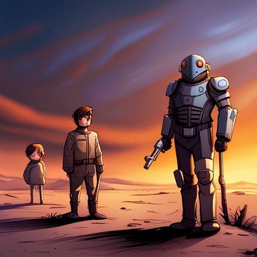 Gordo, a regular Corpo Guard, stands in front of B1zz0 on Wasteland Road. Gordo is an armored human with short brown hair and a serious expression. He carries a stun baton and a riot shield. B1zz0, a blue alien with stars on his antennae, wears a fully functional iron man suit.