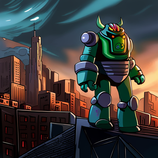 Zeb emerges from the slimy, curved walls of the kaiju's brain, carving a hole to the outside world. He takes a deep breath of fresh air and surveys the cityscape around him. The docks burn in the distance, and the sound of explosions echoes through the air. The unkillable monster kaiju towers over him, while the shining white Mecha battle suit stands nearby with a battle rifle and energy sword. Despite the destruction, Zeb feels a sense of satisfaction from completing his task.