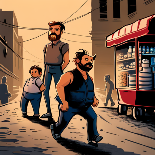 Roger Wilco spots a stray cat lurking in the shadows of a Downtown alleyway. The city lights reflect off low clouds overhead as people wander in and out of nightclubs. A mustached Falafel guy stands next to his food cart. Zeb, a bearded man with a spikey mohawk, wears a sleeveless black shirt and loose pants with lots of pockets. The Keymaster, a Waste Ranger, is also present.

