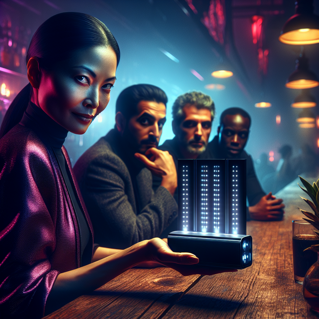 1. A woman smirks, eyeing a sleek black cyberdeck with glowing LEDs. Companions nearby, tense, in a dimly lit bar with a long wooden counter and a solitary bartender.