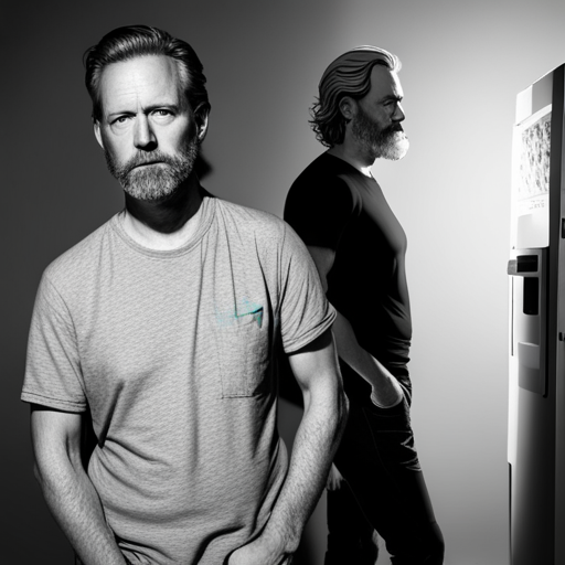 's eyes focus on the hologram of Ben Brown, a graying bearded man in a black tee and jeans. Nearby, a vending machine and Wrewdison, a tall fit man with a beard and messy hair. 
