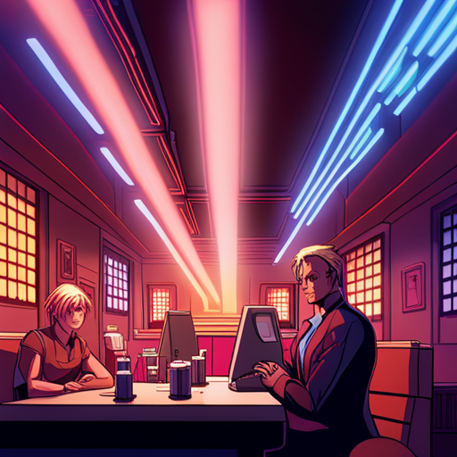 The bartender, a human with short blonde hair, apologizes to Zeb for running out of bourbon. Zeb orders beer instead and raises his glass to toast with his hacker friends, Crash and Wrewdison, in the neon-lit Cyberdelia nightclub. 
