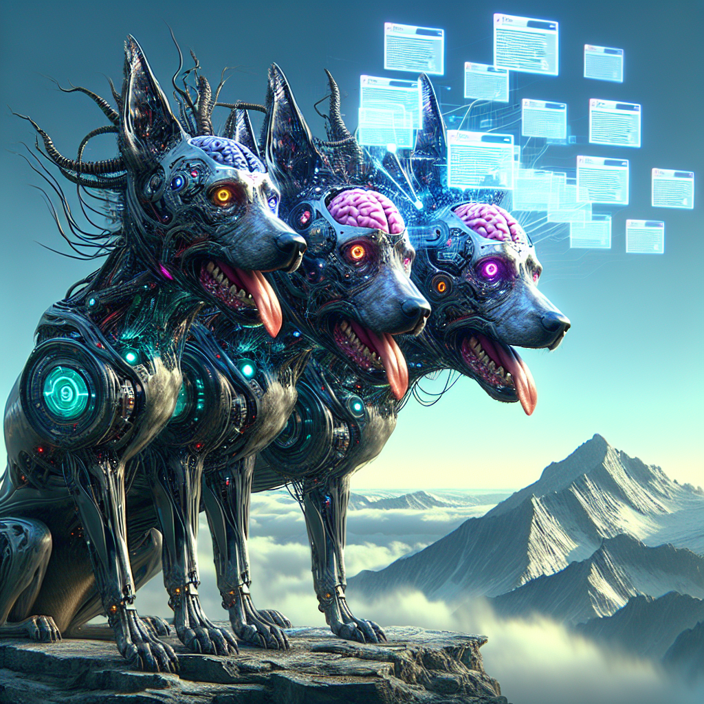 1. A three-headed dog, each head featuring cybernetic enhancements, gazes at a holographic display projecting from its skull, revealing multiple new emails. The backdrop is a rugged mountain ridge under a clear sky.