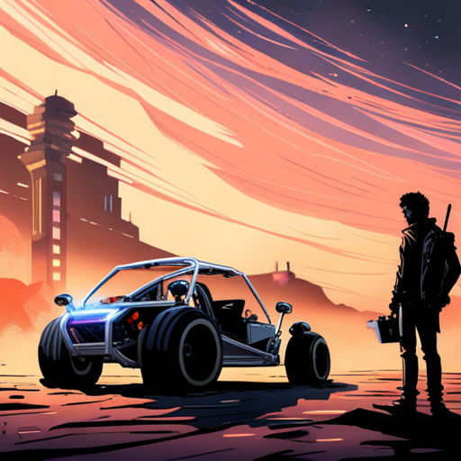 Zeb inspects the sleek black dune buggy with knobby tires and roll cage while the edgerunner listens intently. The city lights reflect off low clouds in the background.
