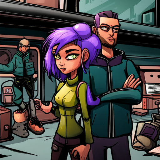 Starla and Wrewdison stand on the bridge, surrounded by squatters' shelters and shops. Starla, a cyberpunk woman with purple hair and a neoprene jacket, relaxes at Wrewdison's considerate response. Nearby, Irq trains rats and carries his favorite in a cage. High-tech gadgets and gizmos are scattered about, including a drone.