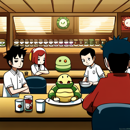 Kappa stands behind the counter of Ramen Heaven, his large turtle-like form visible as he prepares ingredients. A group of corporate individuals, including Potato, Zeb, and Wrewdison, sit at the bar, while Kappa looks uneasy as their leader demands to be served and storms out. 
