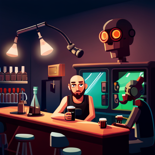 Zeb sits at the bar of Chat, a small, dimly lit bar filled with electronic music and deck jockeys. Ratz, the gruff bartender with a shaven head and robotic arm, pours Zeb a mug of hot coffee. Zeb, a bearded man with a spikey mohawk, wears a sleeveless black shirt and loose pants with lots of pockets. A drunk man sleeps in a pool of his own drool nearby.