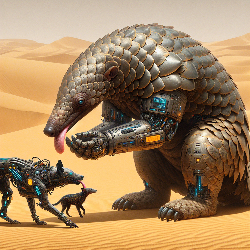 A human-sized, scaly Pangolin with a long nose and sticky tongue is engrossed in rubbing the belly of a three-headed dog with cyber implants. The dog's one head subtly inspects the contents of Pangolin's pockets, revealing small pouches of berries. Sand swirls in the desert background, near a rocky outcrop.