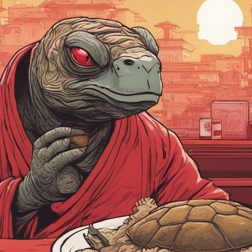 Kappa, a large turtle-like creature with a bowl on his head, turns around and his eyes widen in recognition. He bows politely, the bowl on his head sloshing with broth. The background shows a tiny ramen restaurant with a red and white mural of the sunrise painted on the wall. Thraeryn, an incredibly red man, stands in front of Kappa. It is daytime and the smell of delicious ramen fills the air.