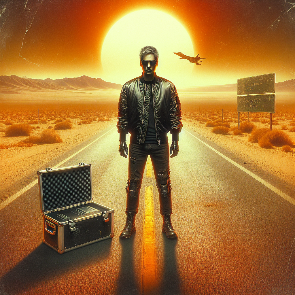 1. A middle-aged goth, clad in black with a ripped bomber jacket, stands on a desolate road, a sterile case open beside him. The desert horizon stretches behind under a scorching sun, the road cracked and worn.