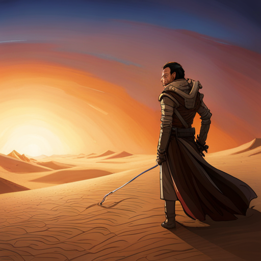 Wrewdison sees a generator with flashing lights and a roaring engine, realizing another group has arrived. He searches the desert for them, but sand and wind have covered their tracks. He spots a faint glint of light in the distance and heads towards it. The scene is a desert with a rocky formation and sand blowing through the air.