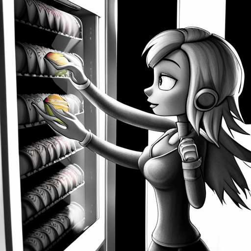 Crystal's rainbow wings flutter as she approaches the vending machine. She selects a veggie burger and eagerly takes a bite, savoring the taste. The digital touch screen interface glows in the background. 
