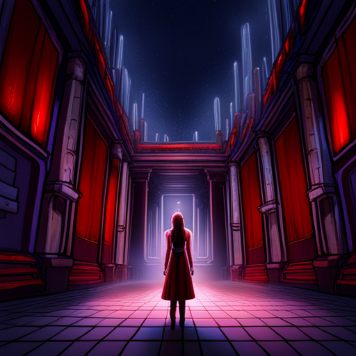 Zeb sees a bone-lined ritual chamber lit by torchlight. Anesthesia, a pale woman in a red velvet dress, stands nearby. Water drips from the ceiling.
