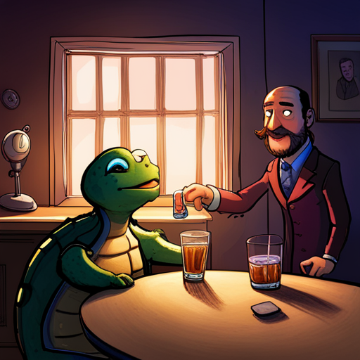 Ratz chuckles at a joke and pours a glass of water for Merg, a tired turtle with glowing eyes. The dimly lit Chat bar is filled with electronic music and a sleeping drunk. Ratz, a gruff bartender with a shaven head and robotic arm, greets everyone as "Herr." Wrewdison, a tall man with a beard, stands nearby.