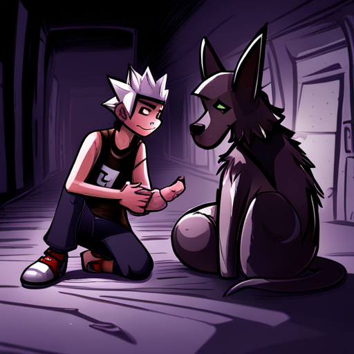 Dog, a medium-sized brown dog with black and white patches, wags her tail and looks up at Zeb with eager eyes. She appears smart and understanding. Zeb, a bearded man with a spikey mohawk, wearing a sleeveless black shirt and loose pants with lots of pockets, greets Dog warmly. The scene takes place in the dark Underground rift.