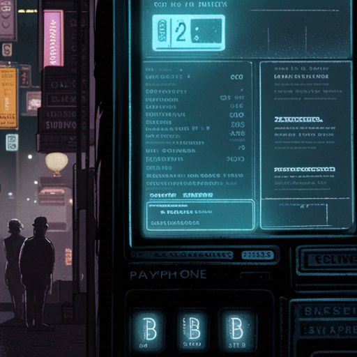 b sees the main menu of the payphone, displayed on a small screen. The screen is illuminated, casting a faint glow on b's face. The menu options are listed in bold white letters against a black background. The payphone itself is old and worn, with chipped paint and a few missing buttons. The background shows the bustling streets of Downtown at night, with neon lights reflecting off the wet pavement. The air is filled with the sound of music and chatter. The falafel guy stands nearby, his mustache catching the dim light.