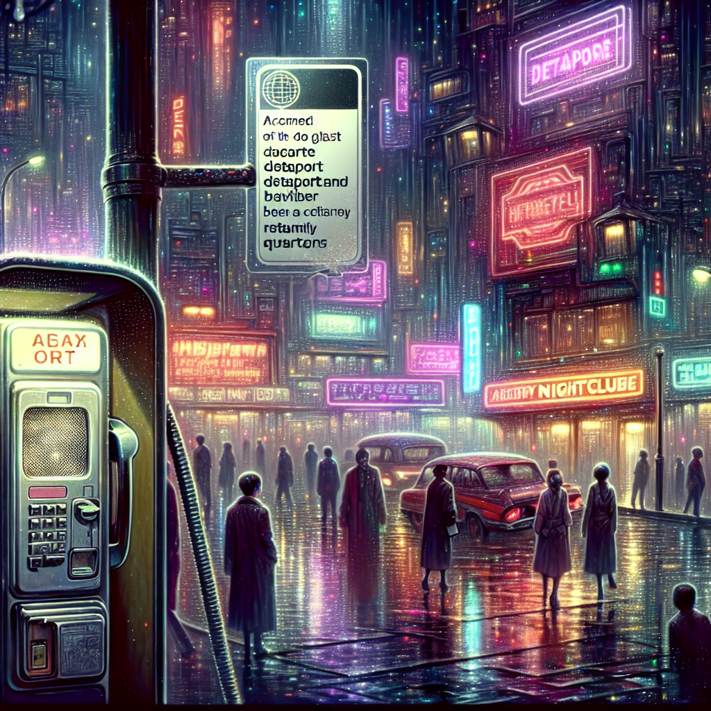 A shimmering air, quarter gleams, sticker on glass, mysterious dataport on rotary payphone, damp night, city lights, thumping baselines, nightclubs, wandering people.