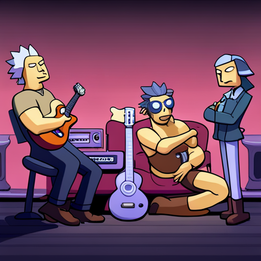 Zeb strums the guitar while Truffle bobs their head in agreement. The room is filled with action figures and old computer devices.
