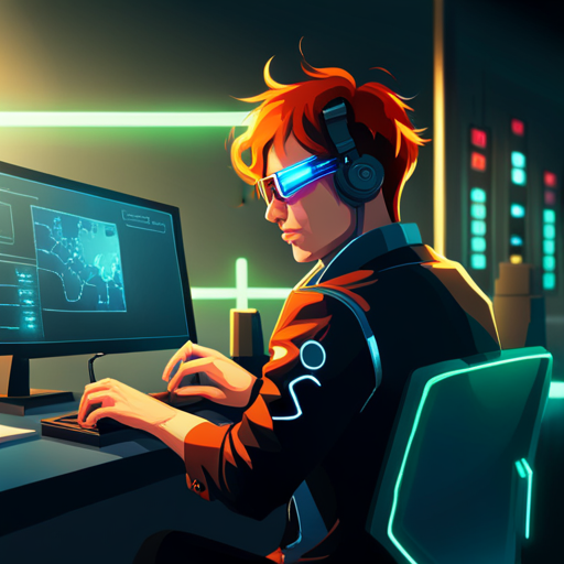 On the old terminal, Texmechs types in a command and a schematic of a research facility appears on the screen. The LED strips illuminate his red hair and mirrored shades as he studies the layout.
