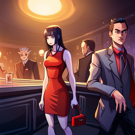 Slappy sees a pale woman in a red dress and a rotund man in a mesh shirt at a crowded goth club with a stage and bar. 
