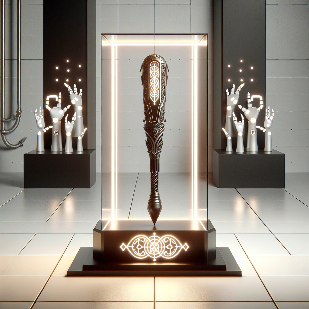 1. A black steel mace, glowing with intricate glyphs, rests on a pedestal beside a glass-encased device with robotic arms inside. The endless white expanse stretches beyond, under a neutral light.
