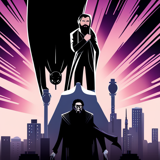 A bearded man in black pokes an irritated tall man with a giant white beard in a long black cloak, in front of a holographic terminal and a hovering spider-like drone.
