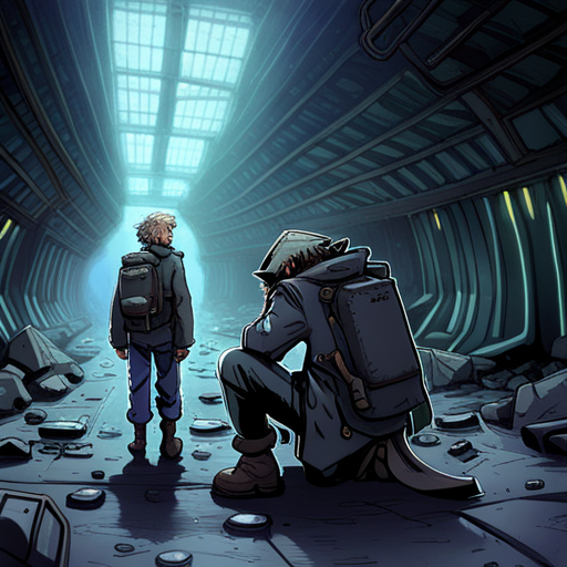 Cage, a pale, greasy-haired man in tall boots, greets Wrewdison in the cramped sewer tunnel under corpo district. He wears glowing goggles and carries a large pack and knife. 
