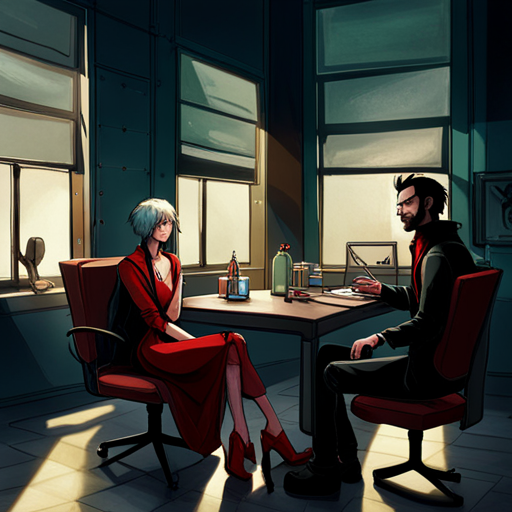 Wrewdison sees Anesthesia in a dimly-lit room with a large desk and comfortable chairs. Anesthesia wears a blood red velvet dress and gestures for Wrewdison to sit. Rolf is also present, wearing a mesh shirt and leather pants.
