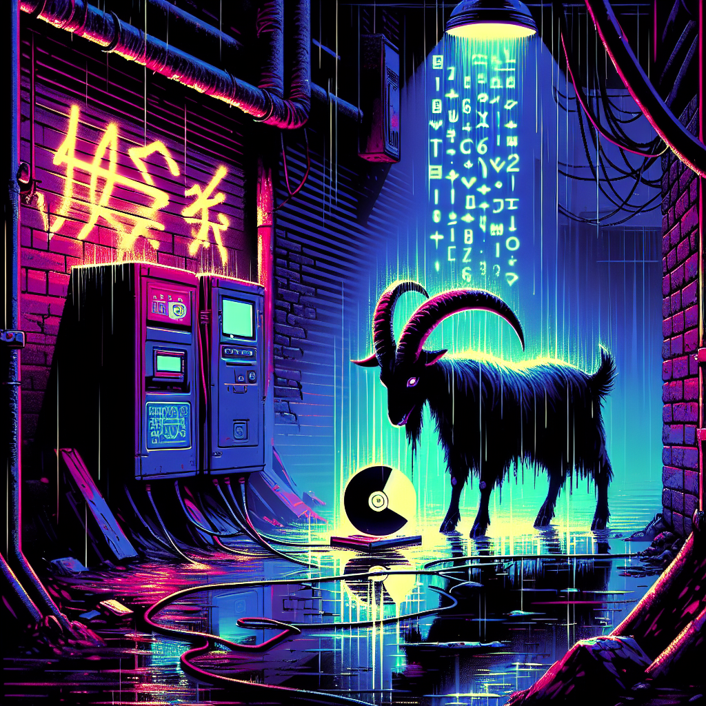 1. A black goat, horns curved, cackles amidst glowing symbols, deciphering a minidisc in a grimy, rain-slicked alley under a flickering light, "Hell" spray-painted nearby.