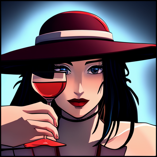 Edith's eyes focus on Raven, a mysterious figure with dark hair and piercing eyes. Raven leans in, their face partially hidden by the shadow of their wide-brimmed hat. They hold a drink in their hand, their fingers wrapped around the glass. Edith's gaze is fixed on Raven, captivated by their enigmatic presence.
