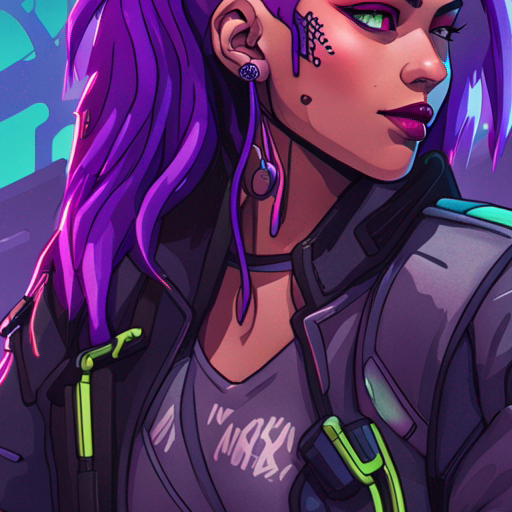 Starla, a cyberpunk woman with shoulder-length purple hair, leans in closer to Zeb, her eyebrow raised in intrigue. She wears a neoprene jacket with neon colored piping, her custom bike parked behind her. The Bridge stretches out behind them, its upper deck filled with shops and carts, while shelters cling to the cables and support struts. The sky is overcast, casting a gloomy light on the scene.