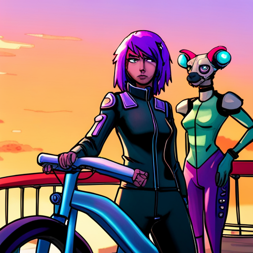 Zeb looks on as Starla nods, her purple hair falling over her face. She wears a neoprene jacket with neon piping and stands next to her custom bike. Another Starla, a small, furry creature, sits on the bike's handlebars. The Bridge looms in the background.
